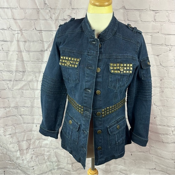 vintage DG2 Diane Gilman studded denim Jean Jacket boho utility Military sz XS - Picture 1 of 11